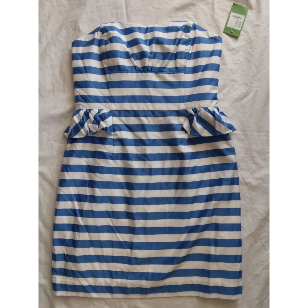 Lilly Pulitzer Maybell Dress Blue Swizzle Stripe Strapless Peplum Womens Size 10 - Picture 3 of 13